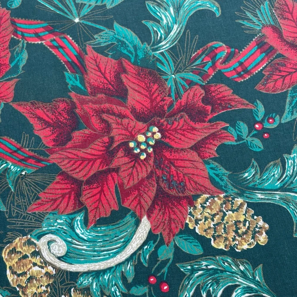 Vintage Christmas Poinsettia Plaid Ribbon Green Tablecloth 60x84 Rectangular